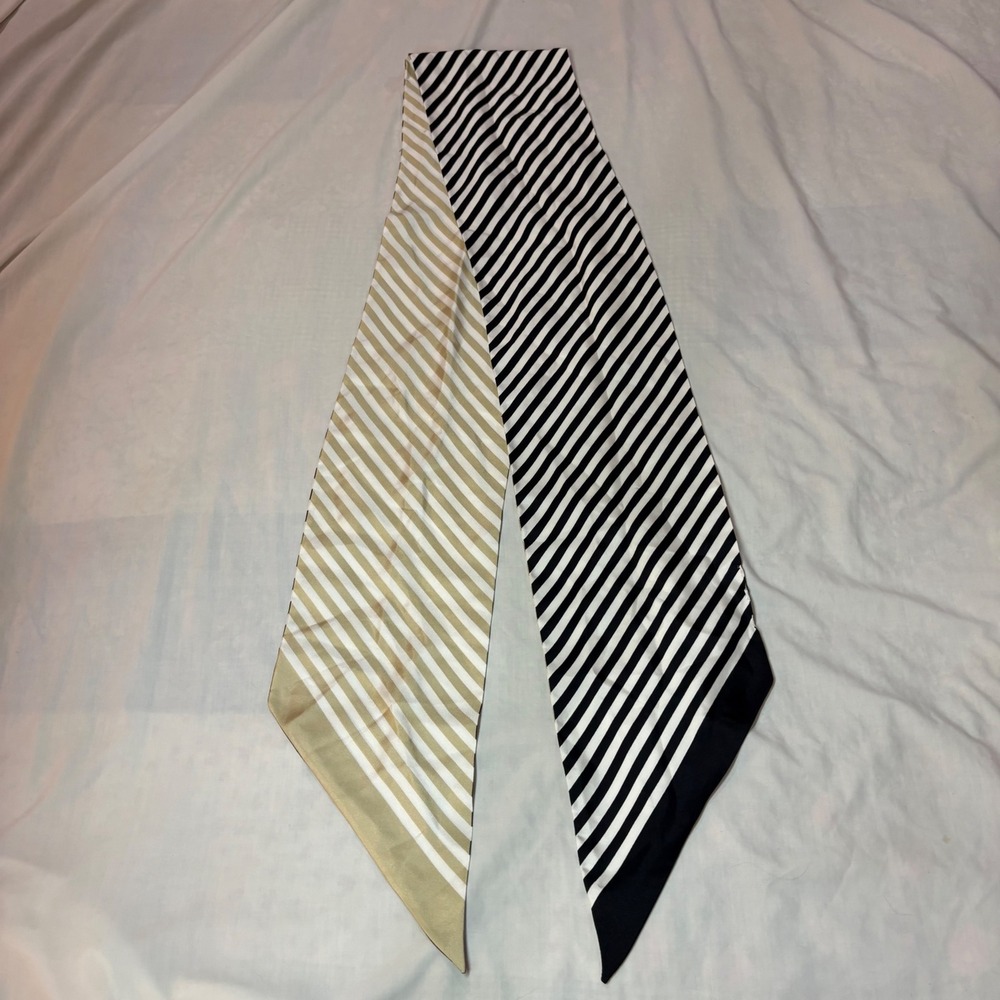 Brooks Brothers 100% Silk Skinny Scarf Striped Black White Gold Made in Italy - Picture 2 of 6